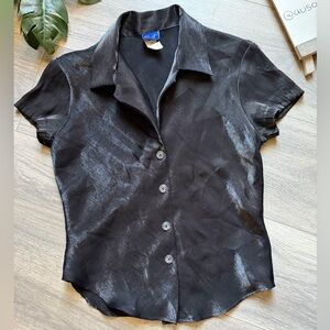 Vintage 90s Y2K Sparkle Collare Cap Sleeve Wet Look Black Button Down Top Size S